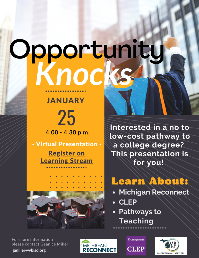 Michigan Reconnect & CLEP Virtual Presentation  Flyer. January 24, 4:00-4:40 p.m. Virtual.