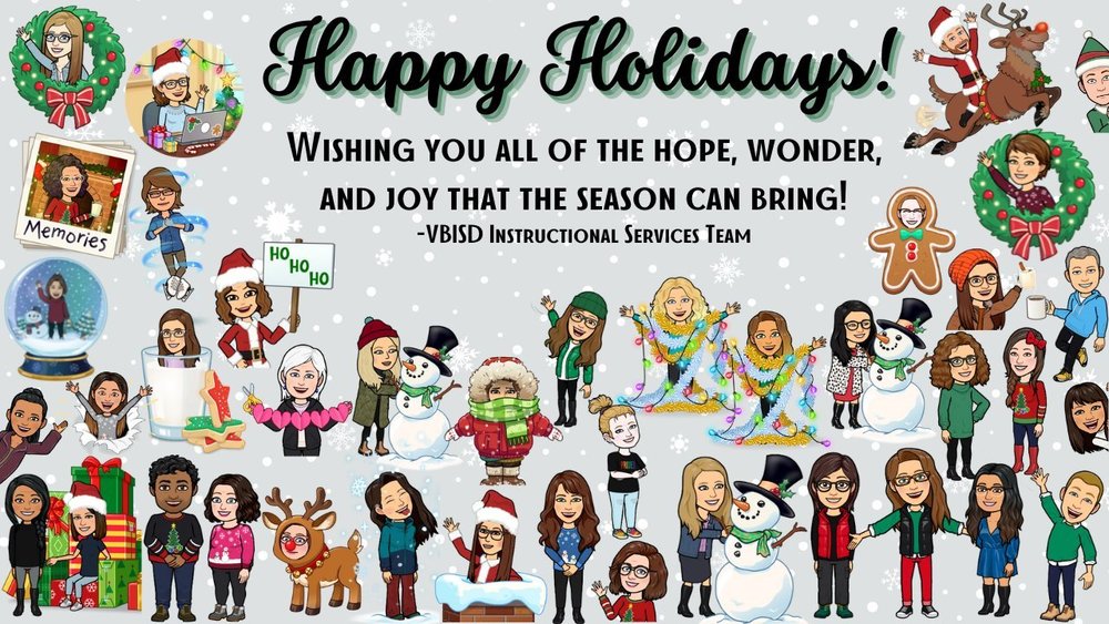 40 I.S. Staff Emojis posing on a snowy backdrop with the words "Happy Holidays! Wishing you all the hope, wonder, and joy that the season can bring!" at the top. 