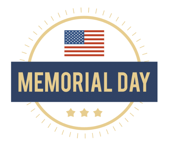 light yellow circle with U.S. flag and stars inside, overlaid with text box that says "Memorial Day"