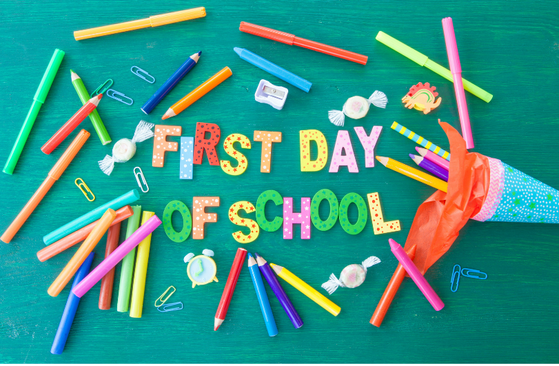 the words "first day of school" surrounded by an array of school supplies 