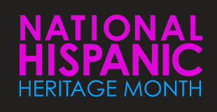 "National Hispanic Heritage Month" in pink and blue text